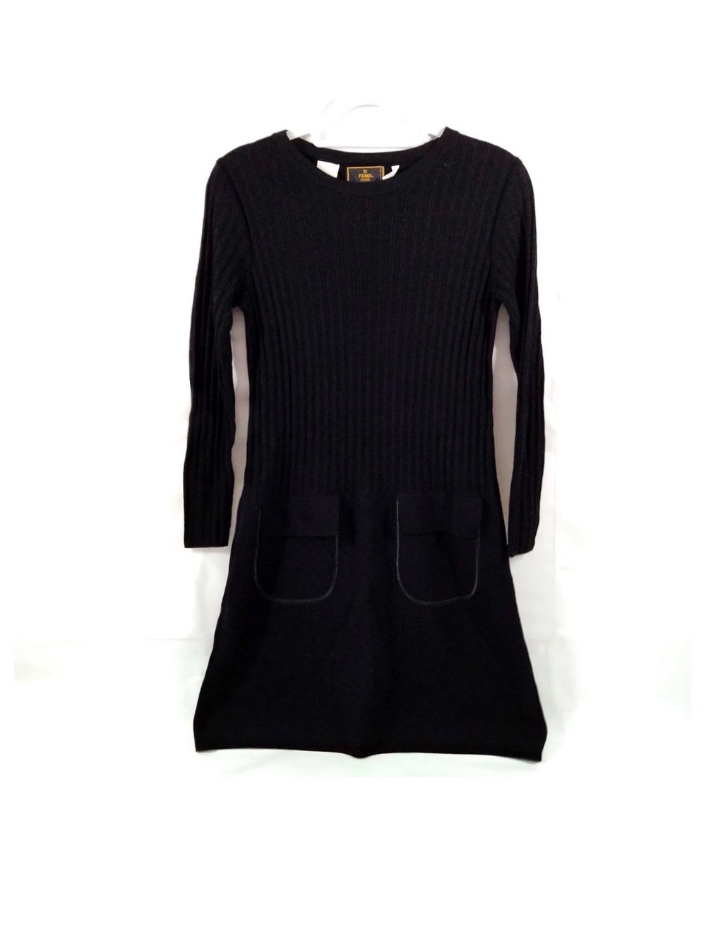 Fendi Authentic Black Ribbed Knit Long-Sleeve Mini Dress